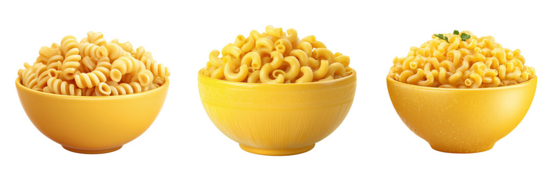 Set of Delicious creamy macaroni and cheese served in a simple yello bowl, elbow pasta covered with melted golden cheese on transparent png background. Ai generated