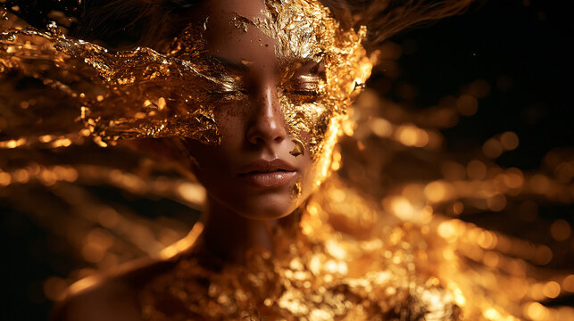 Artistic Beauty Portrait of Woman with Liquid Gold Splash
