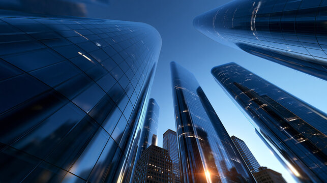Low Angle View Modern Glass Skyscrapers at Twilight