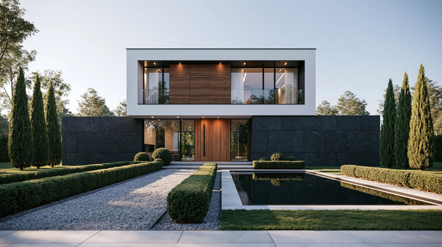 Modern Luxury House Exterior with Swimming Pool and Landscaped Garden