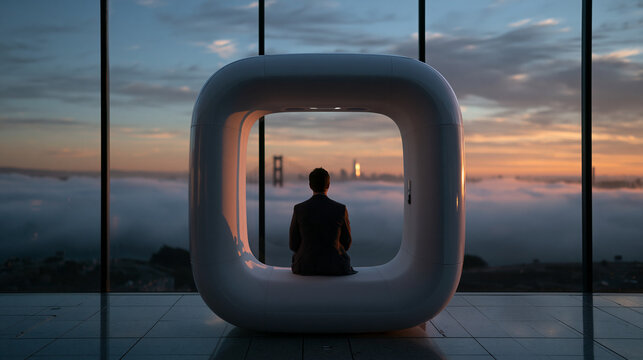 Executive Contemplating City View From Futuristic High Rise Office