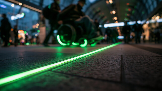 Wheelchair User Navigating Public Station with Glowing LED Guidance Line