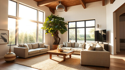 Fototapeta premium Spacious living room with dramatic double-height ceiling and warm golden sunlight
