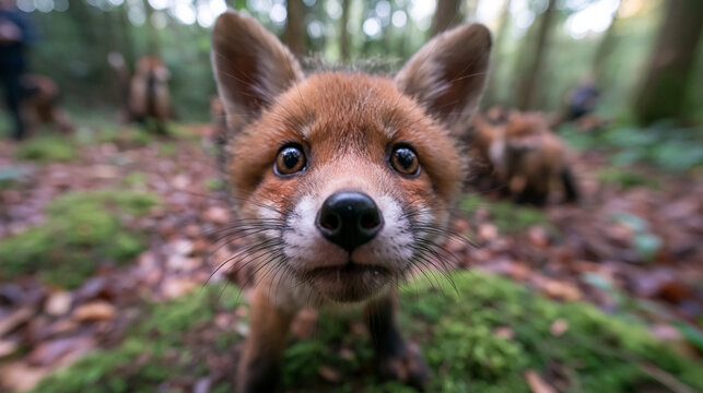 Curious Red Fox Cub Looking into Camera in Forest