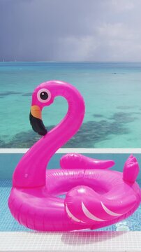 Vacation travel concept with inflatable pink flamingo float toy mattress in luxury swimming pool. Luxury lifestyle summer holidays travel video. Real vertical video.