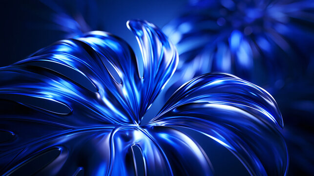 Glowing Metallic Blue Monstera Leaves Abstract Botanical Background