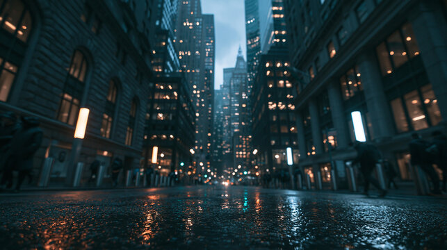Modern City Street at Night with Reflective Wet Asphalt