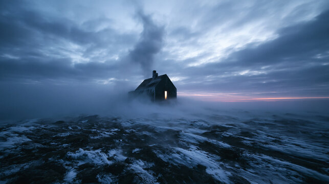 Solitary Lit House in Foggy Winter Landscape at Dusk