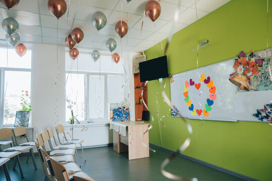 Decorated School Classroom with Helium Balloons for Graduation Celebration