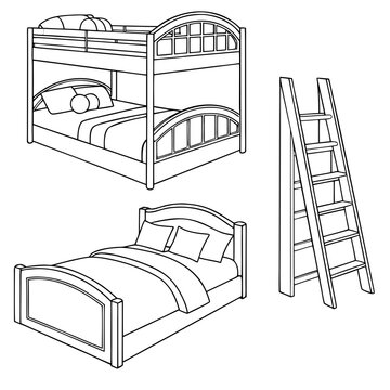A line art illustration showcasing a bunk bed with pillows and bedding, a separate single bed with pillows and bedding, and a ladder, all isolated on a white background