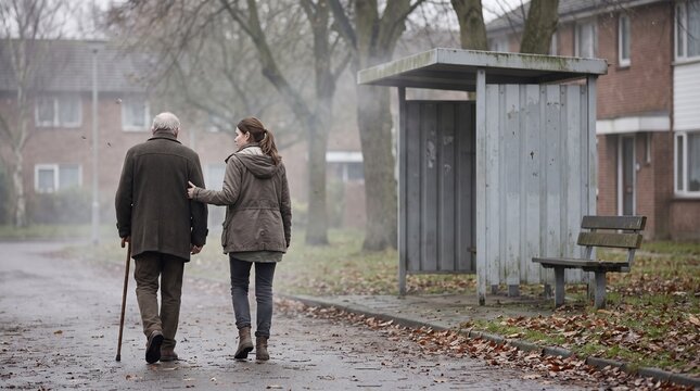 Commuter walks beside older neighbor through ash haze to pickup