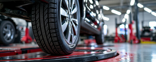 Fototapeta premium A close-up view of a car tire on a lift inside a professional garage. Concept for vehicle maintenance and tire repair.