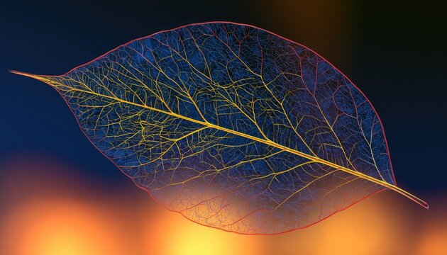 Translucent leaf skeleton with intricate veins against a bokeh background