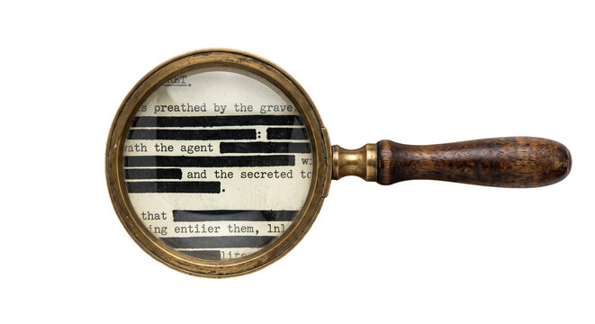 Magnifying glass over redacted document revealing secrets and investigation details