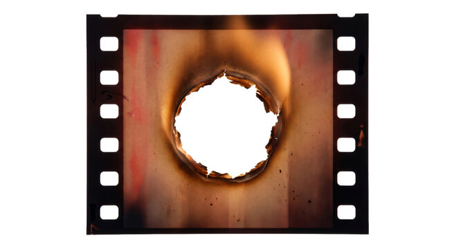 Film strip with a large hole burned through the center, flames visible