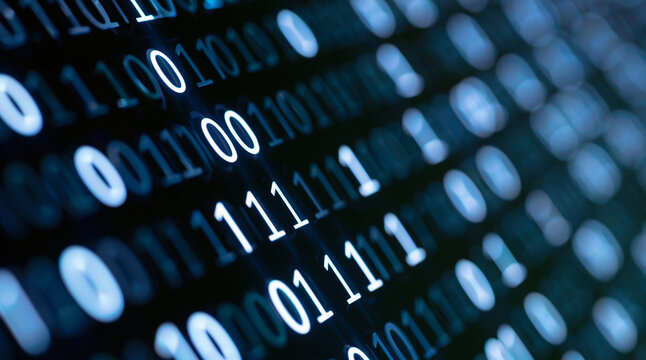 Abstract digital binary code background with glowing blue ones and zeros. Represents technology, data security, and.