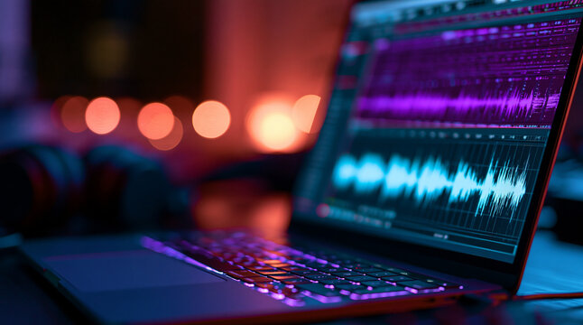 A laptop displays digital audio waveforms in a dark studio setting. It represents professional music production and.