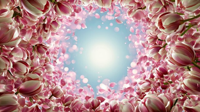 Pink magnolia flower frame around bright spring sky, romantic floral border background for wedding invitation, wallpaper and decor.

