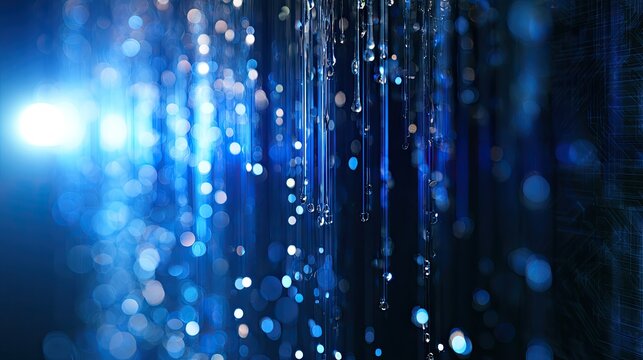 Abstract blue background with glowing bokeh, light streaks, and falling water droplets