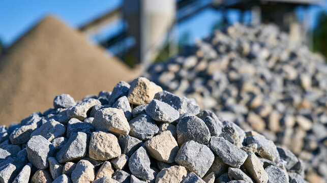 A pile of crushed aggregate stones with a conveyor belt in the background. Essential raw materials for road.