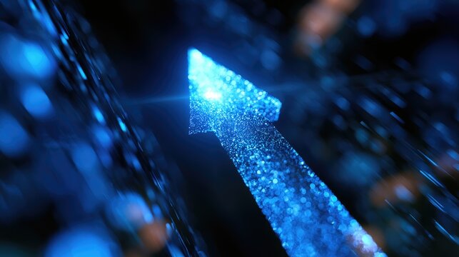 Glowing particle arrow ascends through a digital, abstract blue and bokeh background