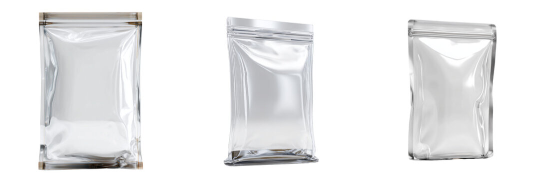 Set of Matte silver foil packaging bag with natural wrinkles and creases on transparent png background. Ai generated