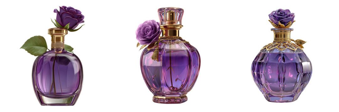 Set of Luxury purple perfume bottle decorated with fresh lavender flowers elegant composition crystalclear glass minimal modern styling on transparent png background. Ai generated