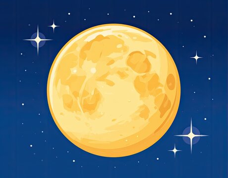 A large, bright yellow moon shines in a dark blue night sky with stars