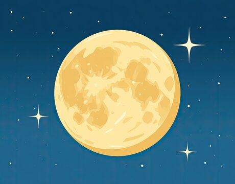 Full moon shines brightly in a star-filled, dark blue night sky