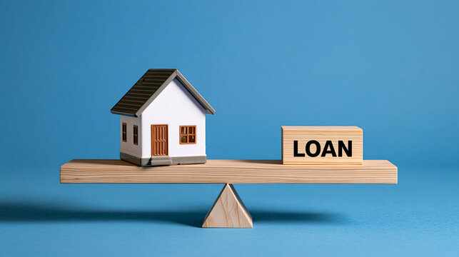 A model house sits on a wooden seesaw against a loan block. A concept for real estate finance and mortgage balancing.
