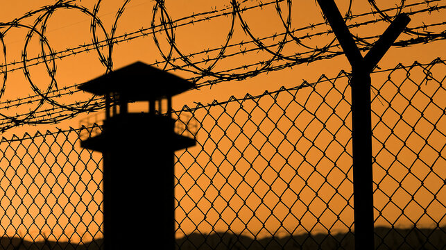 Silhouette of a prison guard tower with barbed wire against an orange sunset sky. Concept of incarceration and security.