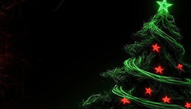 Abstract neon green Christmas tree with glowing red star ornaments on black background