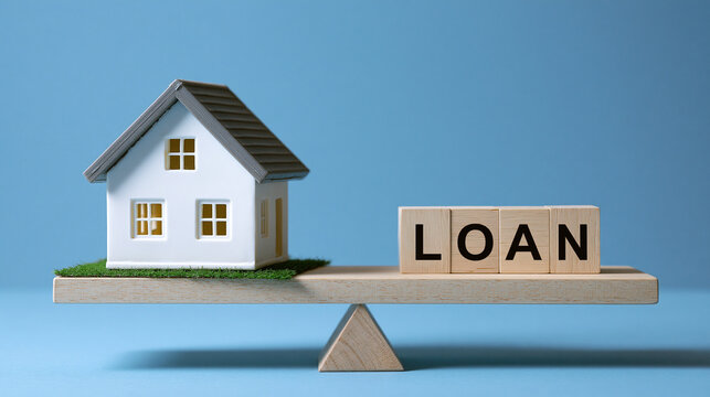 A miniature house and wooden blocks spelling loan sit balanced on a seesaw. Concept for mortgage and property finance.