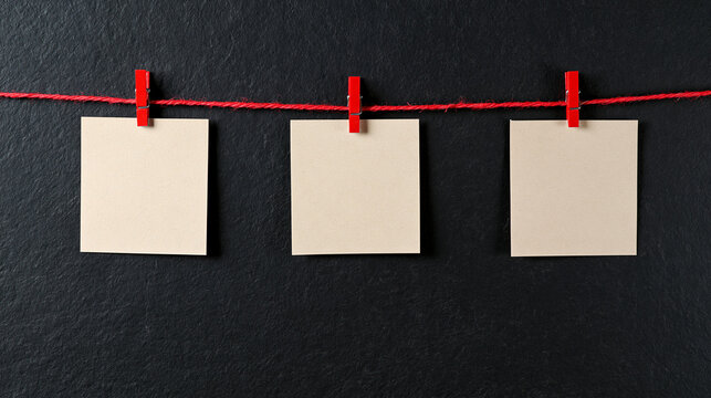 Three blank paper cards hanging on a red string with clips. Perfect for creative announcements and marketing mockups.
