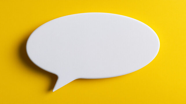 A 3D white speech bubble on a vibrant yellow background. Ideal for modern communication, chat or feedback concept.