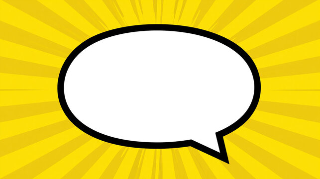 A comic speech bubble against a yellow sunburst background. Ideal for creative communication and messaging.