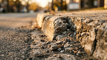 Fototapeta premium Cracked concrete curb and asphalt road surface in low evening sunlight