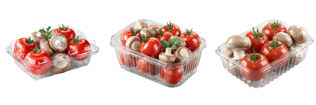 Set of Premium transparent plastic container filled with fresh red tomatoes and button mushrooms clean healthy produce on transparent png background. Ai generated
