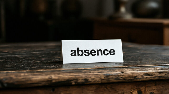 A white sign with the word absence sitting on a rustic wooden table. Symbolizes emptiness, loss, or missing personnel.