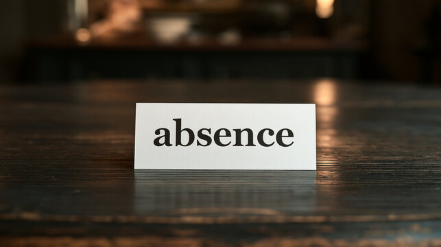 A white sign with the word absence sits on a rustic dark wooden table. It represents themes of loneliness, loss, and.