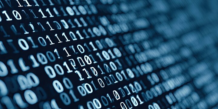Rows of glowing binary code create a digital, abstract background with a blurred effect