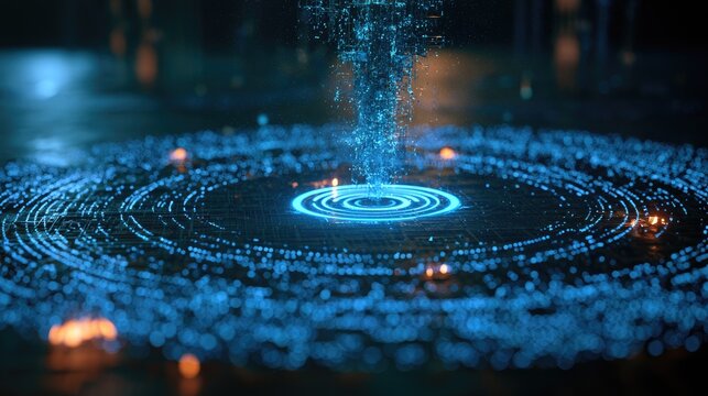 Digital vortex of blue light particles forms, emitting from a circular, glowing platform