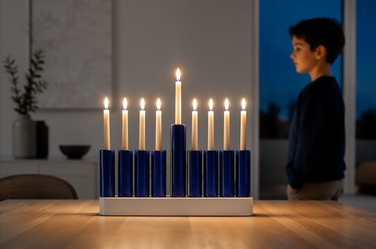 Boy looking at lit menorah with candles on wooden table. Jewish child celebrating Hanukkah at home. Traditional religious light festival, cultural holiday, family tradition concept.