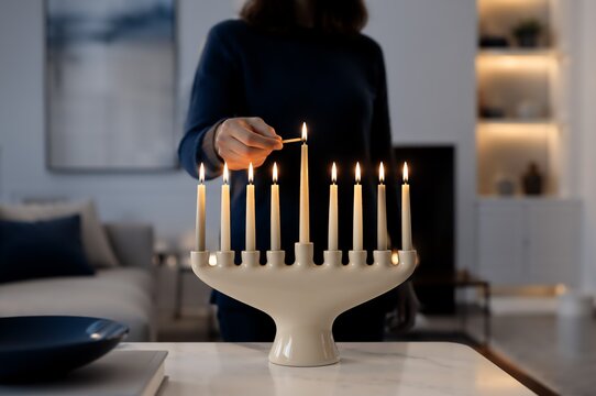 Woman lighting candle on menorah for Hanukkah. Jewish ritual celebration with glowing wax candles in modern home living room. Tradition of light for religious winter festival.