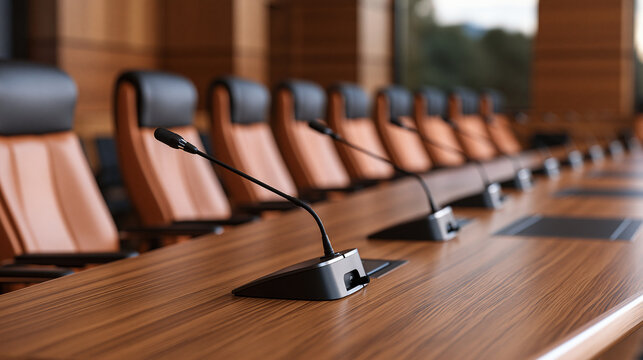 A row of modern boardroom chairs with microphones on a wooden table. Concept for business conferences and meetings.