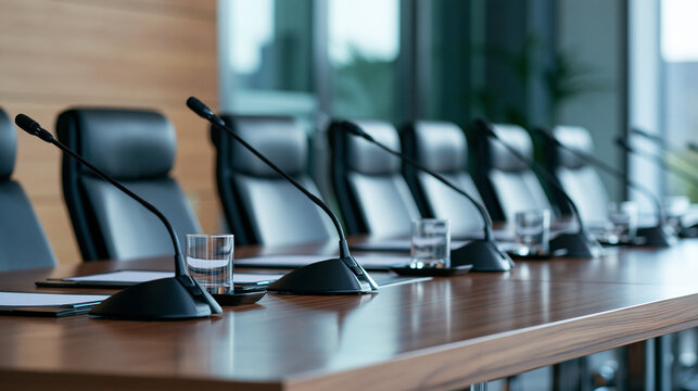 Modern conference table with microphones and glasses in an empty boardroom. Corporate business meeting concept.