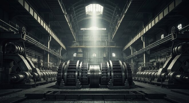 Massive engine room, pistons pounding, industrial might and vibration