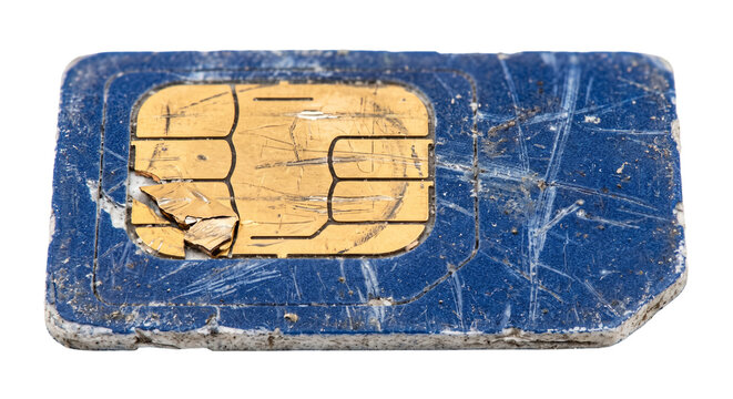 Close-up of a damaged and dirty blue SIM card with scratched gold contacts