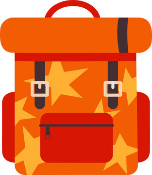 Orange school backpack with stars flat vector illustration, kids rucksack