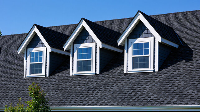 Three roof dormer windows on a house with dark shingles under a clear blue sky. Ideal for residential architecture.